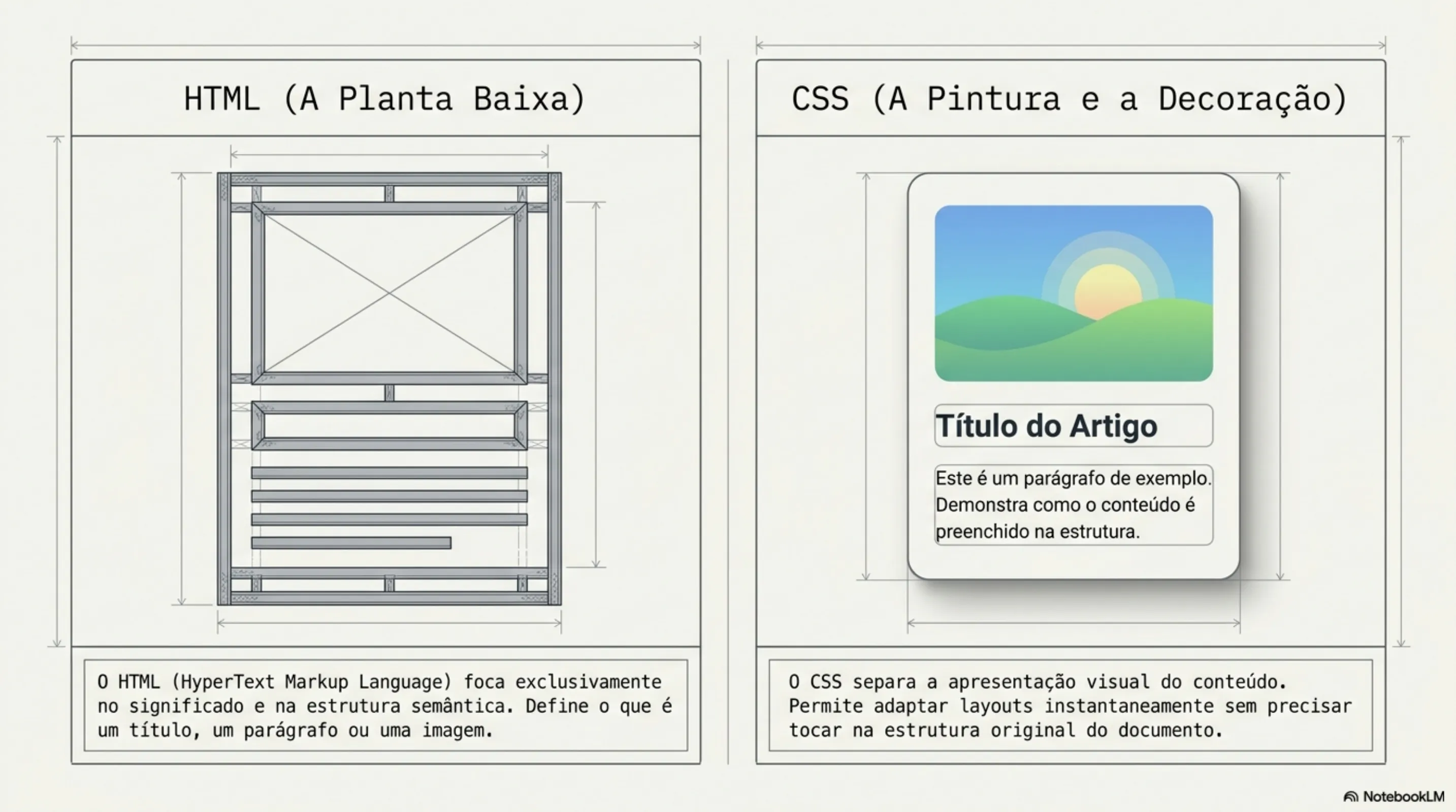 HTML (Planta Baixa) vs CSS (Pintura e Decoração)