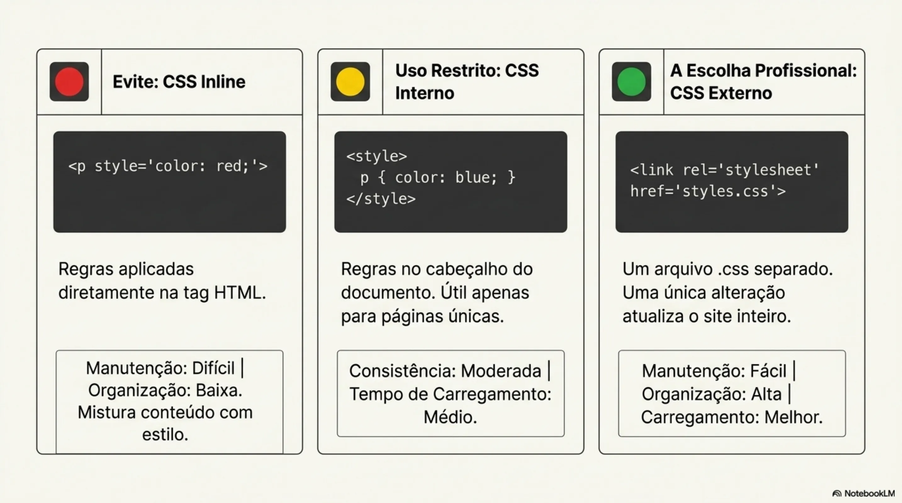 CSS inline, interno e externo — comparativo