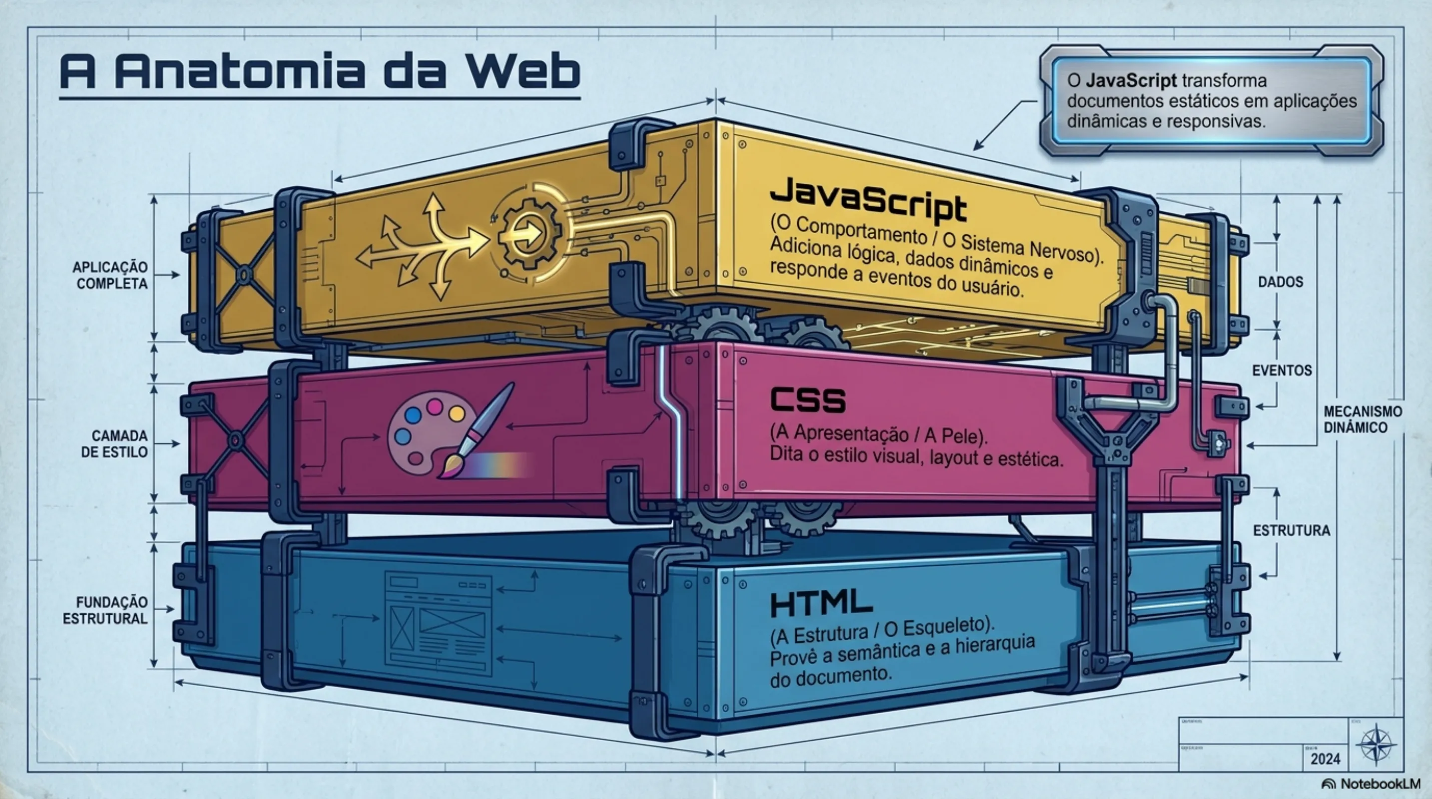 A Anatomia da Web: HTML (estrutura), CSS (apresentação), JavaScript (comportamento)